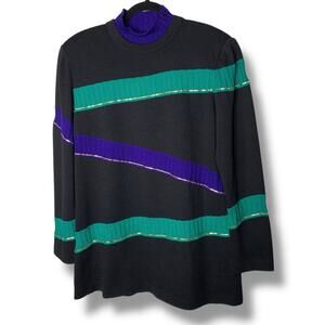 Vintage St. John Collection Striped Sweater Mock Neck Gold Toned Size Medium